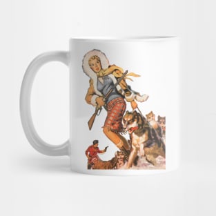 Beautiful Woman with Nordic Dogs Sled Snow Cold Arms Retro Vintage Comic American Illustration Mug